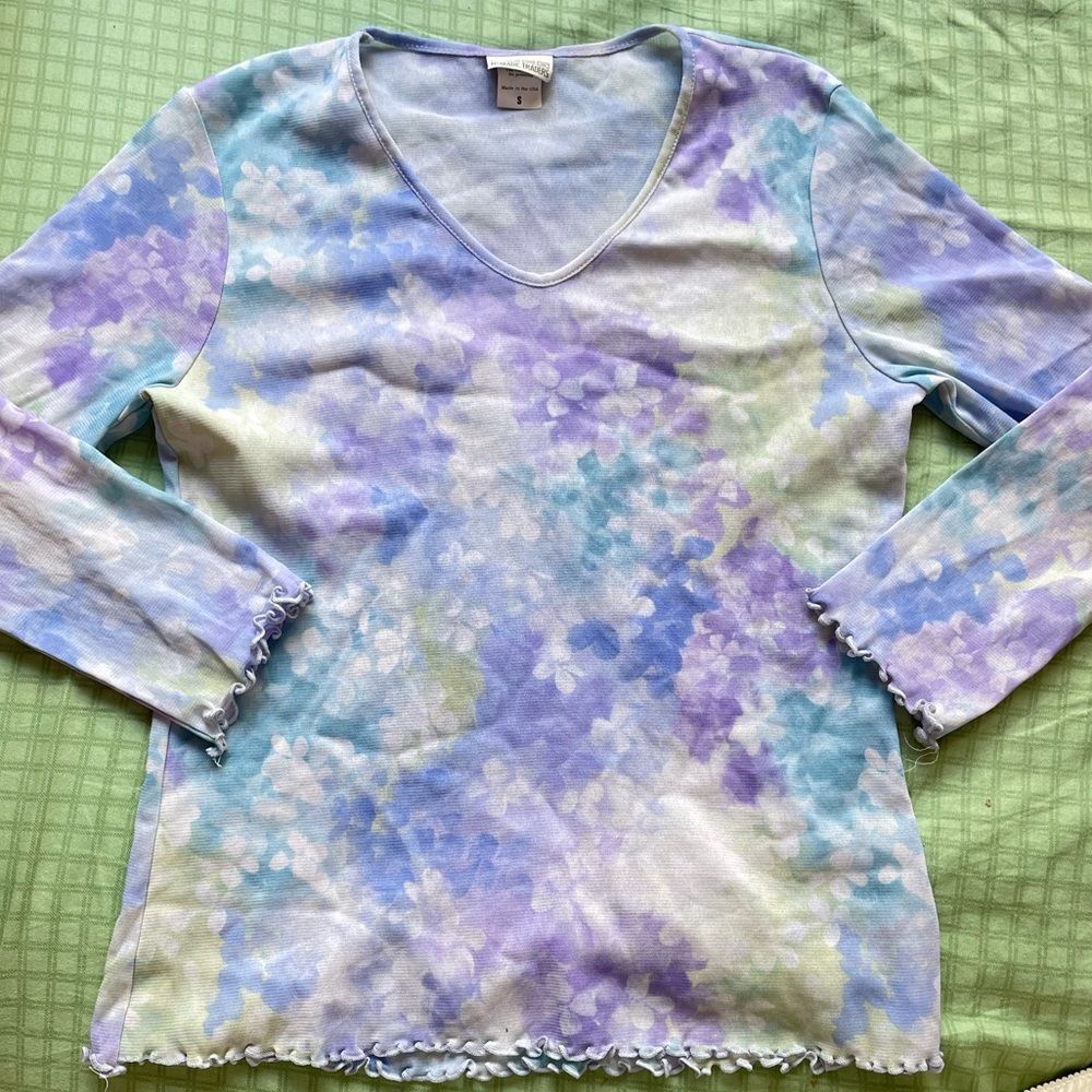 Vintage Y2K Pastel Floral Lettuce Edged Top Small - Picture 2 of 4